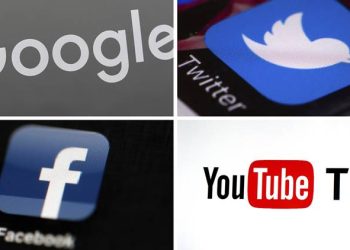 This photo combo of images shows, clockwise, from upper left: a Google sign, the Twitter app, YouTube TV logo and the Facebook app. On Wednesday, Jan. 17, 2018, lawmakers grilled executives from Facebook, Google’s YouTube and Twitter about what the companies are doing to prevent extremists and terrorists from using their platforms to spread propaganda and hate and recruit new followers. Lawmakers acknowledged that the companies, especially Google and Facebook, have come a long way when it comes to weeding out terrorist content. But they said more needs to be done. (AP Photo)