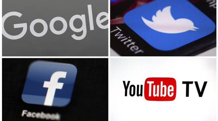 This photo combo of images shows, clockwise, from upper left: a Google sign, the Twitter app, YouTube TV logo and the Facebook app. On Wednesday, Jan. 17, 2018, lawmakers grilled executives from Facebook, Google’s YouTube and Twitter about what the companies are doing to prevent extremists and terrorists from using their platforms to spread propaganda and hate and recruit new followers. Lawmakers acknowledged that the companies, especially Google and Facebook, have come a long way when it comes to weeding out terrorist content. But they said more needs to be done. (AP Photo)