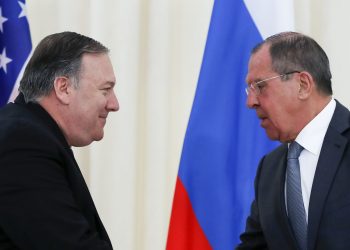 Russian Foreign Minister Sergei Lavrov and US Secretary of State Mike Pompeo shake hands at the end of a joint press conference following their talks in Sochi on May 14, 2019. (Photo by Pavel Golovkin / POOL / AFP)        (Photo credit should read PAVEL GOLOVKIN/AFP/Getty Images)