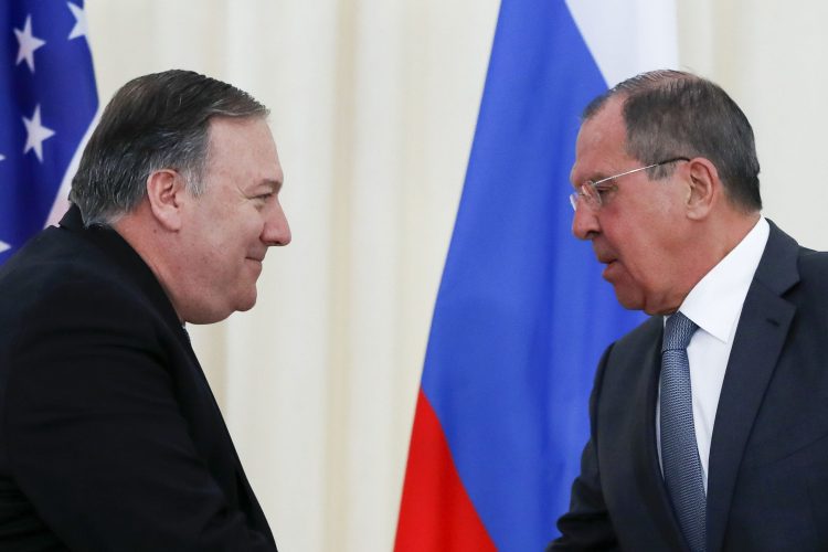 Russian Foreign Minister Sergei Lavrov and US Secretary of State Mike Pompeo shake hands at the end of a joint press conference following their talks in Sochi on May 14, 2019. (Photo by Pavel Golovkin / POOL / AFP)        (Photo credit should read PAVEL GOLOVKIN/AFP/Getty Images)