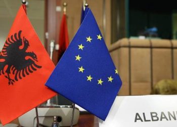 BRUSSELS, BELGIUM - NOVEMBER 15: Albanian National Flag and European Union flag are seen as High Representative of the European Union (EU) for Foreign Affairs and Security Policy and Vice-President of the European Council Federica Mogherini (not seen) and Albanian Foreign Minister Ditmir Bushati (not seen) attend a meeting of EU - Albania Stabilisation and Association Council in Brussels, Belgium on November 15, 2017. (Photo by Dursun Aydemir/Anadolu Agency/Getty Images)