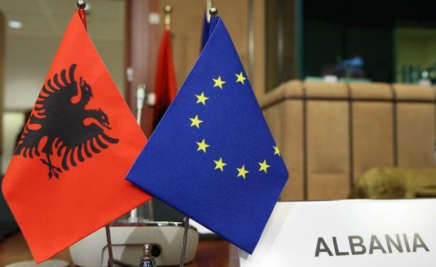 BRUSSELS, BELGIUM - NOVEMBER 15: Albanian National Flag and European Union flag are seen as High Representative of the European Union (EU) for Foreign Affairs and Security Policy and Vice-President of the European Council Federica Mogherini (not seen) and Albanian Foreign Minister Ditmir Bushati (not seen) attend a meeting of EU - Albania Stabilisation and Association Council in Brussels, Belgium on November 15, 2017. (Photo by Dursun Aydemir/Anadolu Agency/Getty Images)