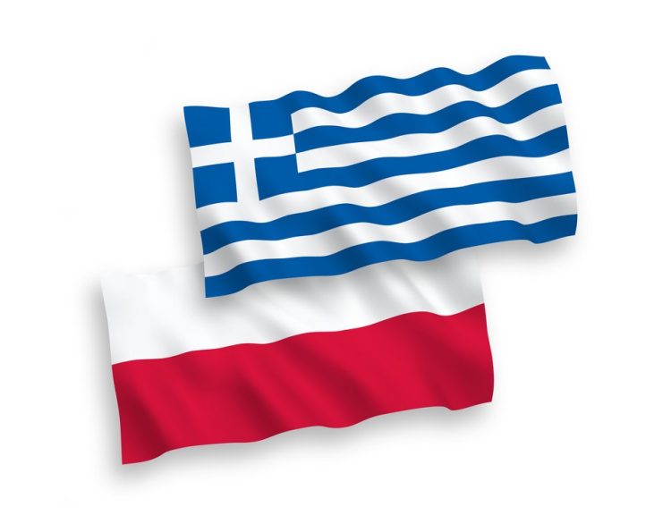 National vector fabric wave flags of Greece and Poland isolated on white background. 1 to 2 proportion.