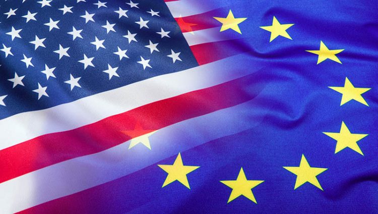 Flags of the USA and the European Union. American Flag and EU Flag. Flag inside stars. World flag concept.