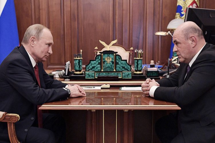MOSCOW, RUSSIA - JANUARY 15, 2020: Russia's President Vladimir Putin (L) and Mikhail Mishustin, head of the Russian Federal Tax Service, during a meeting at Moscow's Kremlin. Alexei Nikolsky/Russian Presidential Press and Information Office/TASS (Photo by Alexei NikolskyTASS via Getty Images)