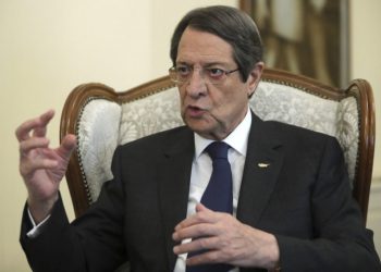 Cyprus' president Nicos Anastasiades talks during an interview with the Associated Press at the presidential palace in capital Nicosia, Cyprus, Tuesday Sept. 17, 2019. Anastasiades says Turkey's "obsession" to permanently station troops, secure military intervention rights and extend its influence over Turkish Cypriots in any peace deal is fanning fears that it wants to turn the island into a "protectorate." (AP Photo/Petros Karadjias)