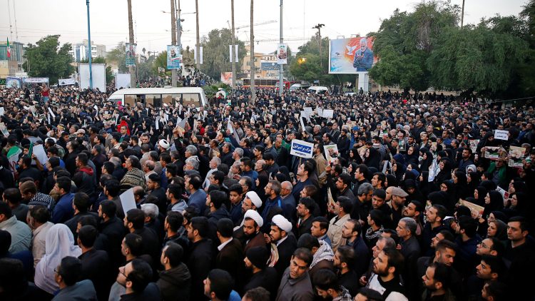 People attend a funeral procession for Iranian Major-General Qassem Soleimani, head of the elite Quds Force, and Iraqi militia commander Abu Mahdi al-Muhandis, who were killed in an air strike at Baghdad airport, in Ahvaz, Iran January 5, 2020. Hossein Mersadi/Fars news agency/WANA (West Asia News Agency) via REUTERS ATTENTION EDITORS - THIS IMAGE HAS BEEN SUPPLIED BY A THIRD PARTY