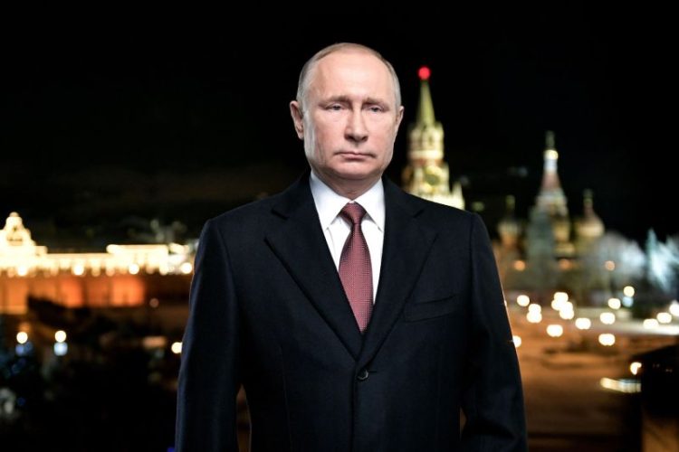Russian President Vladimir Putin attends his New Year address to Russians in central Moscow on December 31, 2017. / AFP PHOTO / Alexey NIKOLSKY        (Photo credit should read ALEXEY NIKOLSKY/AFP via Getty Images)