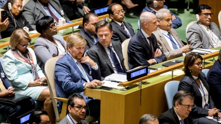 NEW YORK - Koning Willem-Alexander, Premier Rutte en Minister Blok van Buitenlandse zaken tijdens de opening van de 74e Algemene Vergadering van de Verenigde Naties. ANP KOEN VAN WEEL