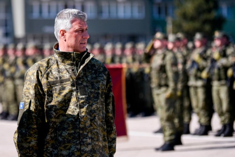 Kosovo President Hashim Thaci reviews members of the Kosovo Security Forces (KSF) during a ceremony in Pristina on March 5, 2020, marking the 20th anniversary of the killing of Kosovo Liberation Army (KLA) founding member and commander Adem Jashari. - Jashari was among 45 members of his family killed by Serb security forces in the village of Prekaz some 40 km west of the Kosovo capital Pristina, sparking a full-blown rebel insurgency. (Photo by Armend NIMANI / AFP) (Photo by ARMEND NIMANI/AFP via Getty Images)