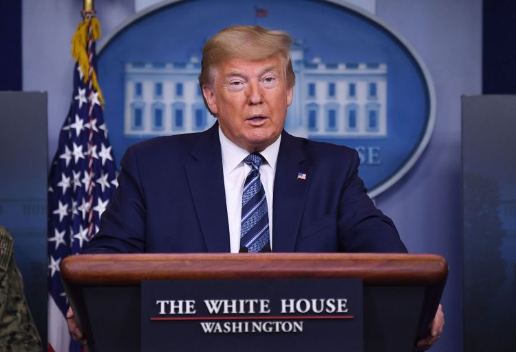 US President Donald Trump speaks during an unscheduled briefing after a Coronavirus Task Force meeting at the White House on April 5, 2020, in Washington, DC. (Photo by Eric BARADAT / AFP) (Photo by ERIC BARADAT/AFP via Getty Images)