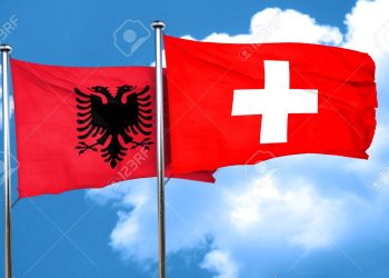 Albania flag with Switzerland flag, 3D rendering
