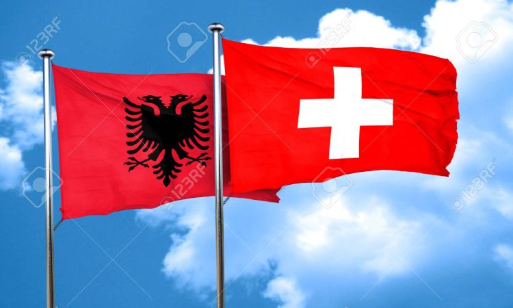 Albania flag with Switzerland flag, 3D rendering