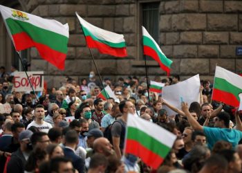 Demonstrators take part in an anti-government protest in Sofia, Bulgaria, July 14, 2020. REUTERS/Stoyan Nenov