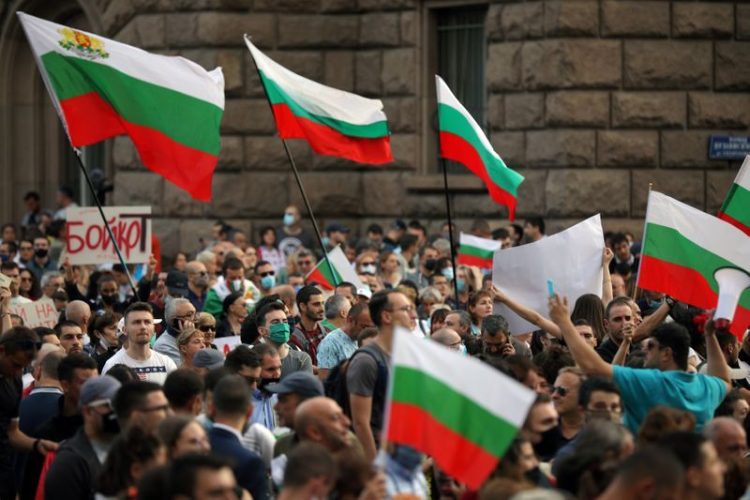 Demonstrators take part in an anti-government protest in Sofia, Bulgaria, July 14, 2020. REUTERS/Stoyan Nenov