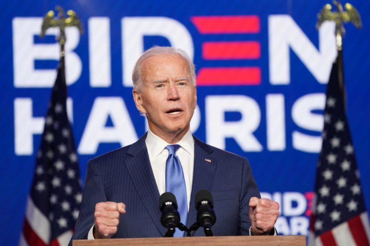 U.S Democratic presidential nominee Joe Biden speaks about election results in Wilmington, Delaware, U.S., November 6, 2020. REUTERS/Kevin Lamarque