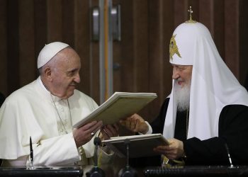 FILE -- In this Feb. 12, 2016 file photo, Pope Francis, left, and Russian Orthodox Patriarch Kirill exchange a joint declaration on religious unity at the Jose Marti International airport in Havana, Cuba. Pope Francis is wrapping up a Caucasus pilgrimage that began in June in Armenia and ends this weekend with a visit to two other countries with tiny Catholic communities: the Orthodox Christian bastion of Georgia and the largely Shiite Muslim nation of Azerbaijan. (AP Photo/Gregorio Borgia, Pool)