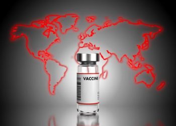 A bottle of a covid-19 vaccine on a reflective surface with the outline of  the world in red in the background -3D render