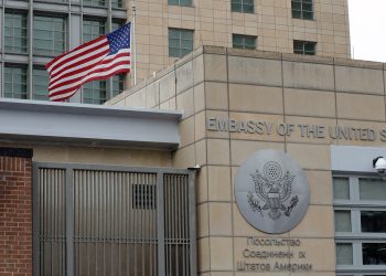 MOSCOW, RUSSIA  MARCH 27, 2018: US national flag waving by the Embassy of the United States of America. The USA has decided to expel 60 Russian diplomats and close the Consulate General of the Russian Federation in Seattle over the poisoning of former Russian military intelligence officer Sergei Skripal and his daughter Yulia in Salisbury, Britain on 4 March 2018. Mikhail Japaridze/TASS (Photo by Mikhail JaparidzeTASS via Getty Images)
