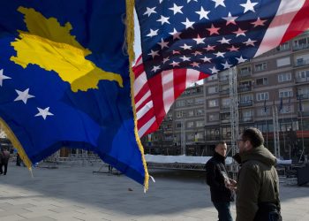 Kosovo and U.S. flags decorate the main square in Pristina, Kosovo, on Feb. 17, on the 10th anniversary of the country's independence from Serbia.