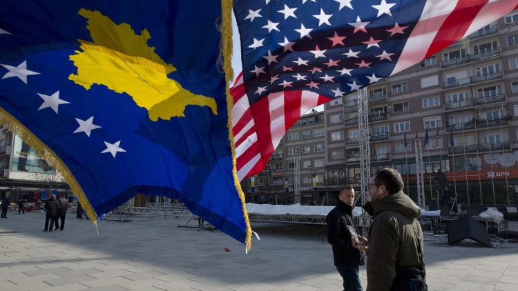 Kosovo and U.S. flags decorate the main square in Pristina, Kosovo, on Feb. 17, on the 10th anniversary of the country's independence from Serbia.