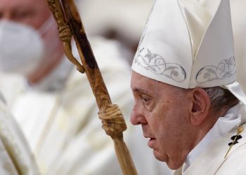 Pope Francis arrives to celebrate Mass marking the feast of Mary, Mother of God, in St. Peter's Basilica at the Vatican Jan. 1, 2022. (CNS photo/Guglielmo Mangiapane, Reuters)