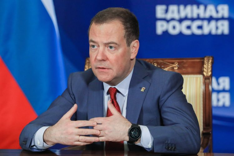 Russian Security Council Deputy Chairman and the head of the United Russia party Dmitry Medvedev chairs a meeting on saving businesses and jobs in foreign companies via video link at Gorki state residence, outside Moscow, Russia, Wednesday, March 16, 2022. (Yekaterina Shtukina, Sputnik, Government Pool Photo via AP)