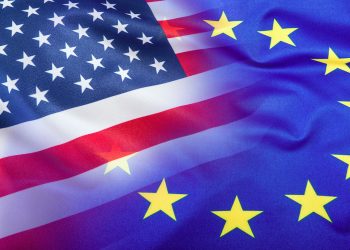 Flags of the USA and the European Union. American Flag and EU Flag. Flag inside stars. World flag concept.