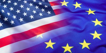 Flags of the USA and the European Union. American Flag and EU Flag. Flag inside stars. World flag concept.