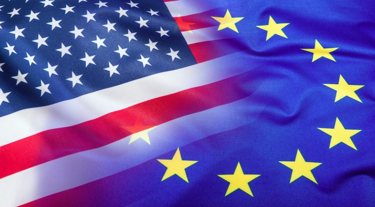 Flags of the USA and the European Union. American Flag and EU Flag. Flag inside stars. World flag concept.