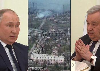 Putin, Guterres und das zerstörte Mariupol von oben.