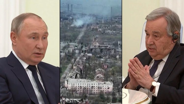 Putin, Guterres und das zerstörte Mariupol von oben.