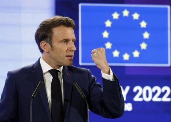 French president Emmanuel Macron gestures as he delivers a speech during the Conference on the Future of Europe, in Strasbourg, eastern France, Monday, May 9, 2022. Macron traveled to Strasbourg on Monday as the final report on the Conference of Europe was set to be presented by EU institutions leaders. France currently holds the six-month rotating presidency of the Council of the EU. (AP Photo/Jean-Francois Badias)