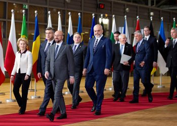European Council President Charles Michel and European Commission President Ursula von der Leyen walk with leaders of the Western Balkans; Croatian Prime Minister Andrej Plenkovic, Chairman of Bosnia and Herzogovina Zeljko Komsic, Albanian Prime Minister Edi Rama, European Union's foreign policy chief Josep Borrell, North Macedonia's Foreign Minister Nikola Dimitrov, Kosovo President Hashim Thaci, Serbian President Aleksandar Vucicj and Montenegro's President Milo Dukanovic, prior to a group photo at an EU-Western Balkans meeting at the Europa building in Brussels, Belgium February 16, 2020.  Virginia Mayo /Pool via REUTERS