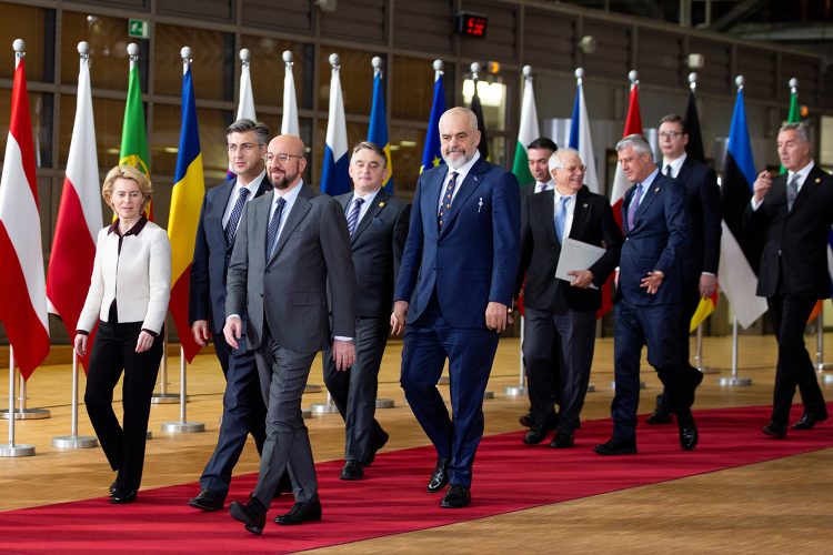 European Council President Charles Michel and European Commission President Ursula von der Leyen walk with leaders of the Western Balkans; Croatian Prime Minister Andrej Plenkovic, Chairman of Bosnia and Herzogovina Zeljko Komsic, Albanian Prime Minister Edi Rama, European Union's foreign policy chief Josep Borrell, North Macedonia's Foreign Minister Nikola Dimitrov, Kosovo President Hashim Thaci, Serbian President Aleksandar Vucicj and Montenegro's President Milo Dukanovic, prior to a group photo at an EU-Western Balkans meeting at the Europa building in Brussels, Belgium February 16, 2020.  Virginia Mayo /Pool via REUTERS