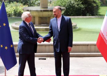 epa10033156 Iranian Foreign Minister Hossein Amir-Abdoulahian (R) welcomes High Representative of the European Union for Foreign Affairs and Security Policy, Josep Borrell (L), in Tehran, Iran, 25 June 2022. Borrell is in Tehran to meet with Iranian officials.  EPA-EFE/ABEDIN TAHERKENAREH