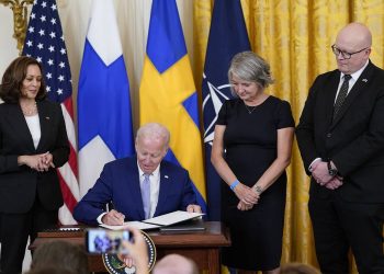 President Joe Biden signs the Instruments of Ratification for the Accession Protocols to the North Atlantic Treaty for the Republic of Finland in the East Room of the White House in Washington, Tuesday, Aug. 9, 2022. The document is a treaty in support of Finland joining NATO. From left, Vice President Kamala Harris, Biden, Karin Olofsdotter, Sweden's ambassador to the U.S., and Mikko Hautala, Finland's ambassador to the U.S. (AP Photo/Susan Walsh)