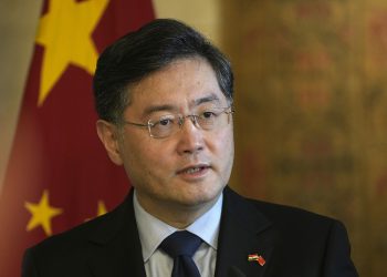 Chinese Foreign Minister Qin Gang, speaks during a press conference with his Egyptian counterpart Sameh Shoukry, at the foreign ministry headquarters in Cairo, Egypt, Sunday, Jan. 15, 2023. (AP Photo/Amr Nabil)