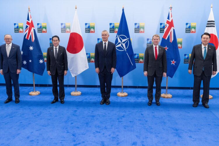 Left to right: Anthony Albanese (Prime Minister of Australia); Fumio Kishida (Prime Minister of Japan); NATO Secretary General Jens Stoltenberg; Christopher Hipkins (Prime Minister of New Zealand); President Suk Yeol Yoon (Republic of Korea)