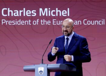 In this photo provided by the Slovenian Government, European Council President Charles Michel speaks during the Bled Strategic Forum 2023 at the Bled Festival Hall in Bled, Slovenia, Monday, Aug. 28, 2023. (Daniel Novakovic/Slovenian Government Press Service via AP)