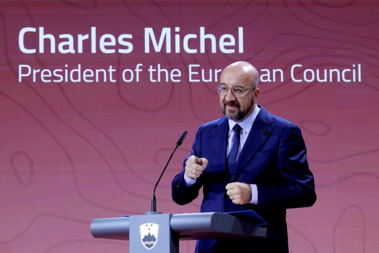 In this photo provided by the Slovenian Government, European Council President Charles Michel speaks during the Bled Strategic Forum 2023 at the Bled Festival Hall in Bled, Slovenia, Monday, Aug. 28, 2023. (Daniel Novakovic/Slovenian Government Press Service via AP)