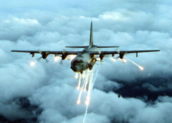 395926 01: (FILE PHOTO) An Air Force Special Forces AC-130 gunship in an undated photo, which was used by the U.S. military to attack targets around the Taliban of Kandahar a senior defense official said October 15, 2001. The four-engine turbo-prop aircraft was used for the first time October 15 in the nine-day air campaign against Taliban military and guerrilla training camps in Afghanistan. (Photo by U.S. Air Force/Getty Images)