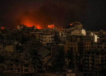GAZA CITY, GAZA - OCTOBER 30: Flames and smoke rise in Tel al-Hawa neighborhood as Israeli attacks continue on the 24th day in Gaza City, Gaza on October 30, 2023. (Photo by Ali Jadallah/Anadolu via Getty Images)