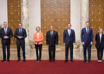 Egyptian President Abdel Fattah al-Sisi takes a photo with European Commission President Ursula von der Leyen, Italian Prime Minister Giorgia Meloni, Greek Prime Minister Kyriakos Mitsotakis, Austria Federal Chancellor Karl Nehammer, Prime Minister of Belgium Alexander De Croo and Cyprus' President Nikos Christodoulides at the Ittihadiya presidential palace in Cairo, Egypt, March 17, 2024, in this handout picture courtesy of the Egyptian Presidency. The Egyptian Presidency/Handout via REUTERS