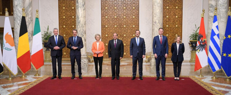 Egyptian President Abdel Fattah al-Sisi takes a photo with European Commission President Ursula von der Leyen, Italian Prime Minister Giorgia Meloni, Greek Prime Minister Kyriakos Mitsotakis, Austria Federal Chancellor Karl Nehammer, Prime Minister of Belgium Alexander De Croo and Cyprus' President Nikos Christodoulides at the Ittihadiya presidential palace in Cairo, Egypt, March 17, 2024, in this handout picture courtesy of the Egyptian Presidency. The Egyptian Presidency/Handout via REUTERS