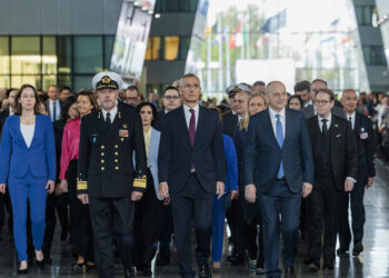 Left to right: Admiral Rob Bauer (Chair NATO Military Committee) with NATO Secretary General Jens Stoltenberg and NATO Deputy Secretary General Mircea Geoană