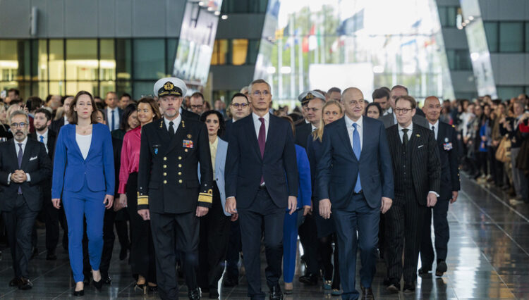Left to right: Admiral Rob Bauer (Chair NATO Military Committee) with NATO Secretary General Jens Stoltenberg and NATO Deputy Secretary General Mircea Geoană