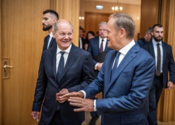 German Chancellor Olaf Scholz, walks next to Donald Tusk (R), Prime Minister of Poland, after the family photo at the German-Polish government consultations. These are the first government consultations with Tusk's center-left government, which replaced a right-wing conservative government led by Morawiecki at the end of 2023. Photo: Michael Kappeler/dpa