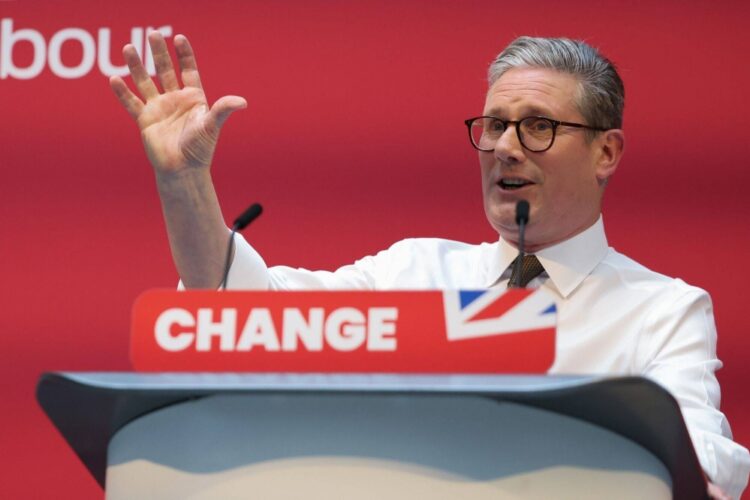 Keir Starmer, leader of the Labour Party, during the launch of the party's general election manifesto in Manchester, UK, on Thursday, June 13, 2024. Labour looks set to reiterate key pledges including a cap on corporation tax at the current rate of 25%, and a commitment not to increase income tax, national insurance or VAT. Photographer: Hollie Adams/Bloomberg