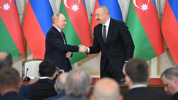 Working trip of Russian President Vladimir Putin to Baku. Russian President Vladimir Putin (left) and Azerbaijani President Ilham Aliyev (right) during Russian-Azerbaijani talks in an expanded format at the Zagulba state residence.
19.08.2024 Azerbaijan, Baku
Photo credit: Dmitry Azarov/Kommersant/Sipa USA/55350859//2408191839